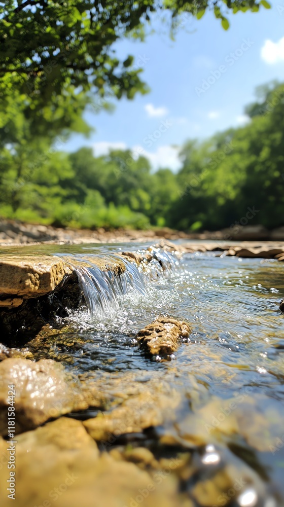 Fototapeta premium Crystal-clear stream flowing over stones.
