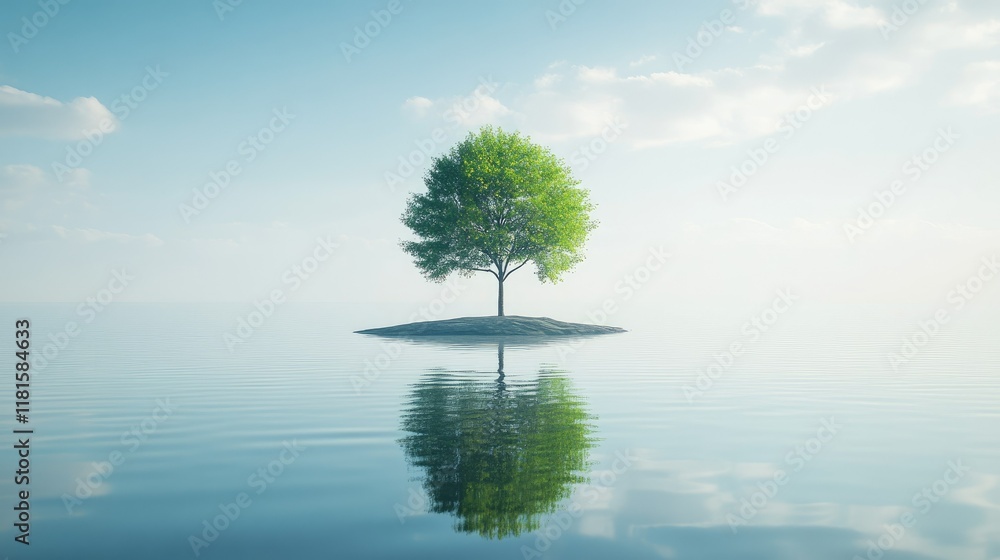 A solitary tree on an isolated island surrounded by glassy water under a bright, open sky A solitary tree on an isolated island surrounded by glassy water under a bright, open sky