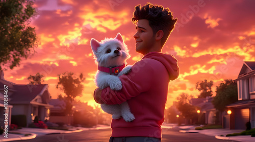 Boy Holds Puppy at Sunset i...