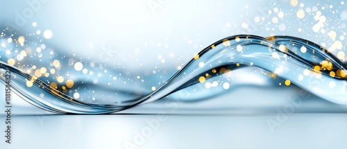 Abstract Blue Wave Background with Golden Lights and Sparkling Bokeh Effects