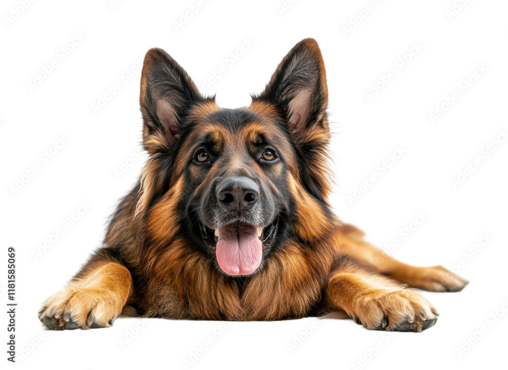 German Shepherd dog lying down with tongue out, loyal and intelligent pet portrait, strong working breed for protection, family, and canine lovers isolated on transparent background German Shepherd dog lying down with tongue out, loyal and intelligent pet portrait, strong working breed for protection, family, and canine lovers isolated on transparent background