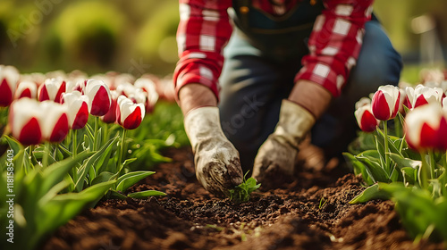 Gardener Plants Tulips in S...