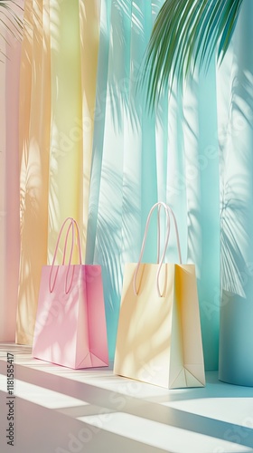 Pastel Shopping Bags in Sunlight with Tropical Vibes