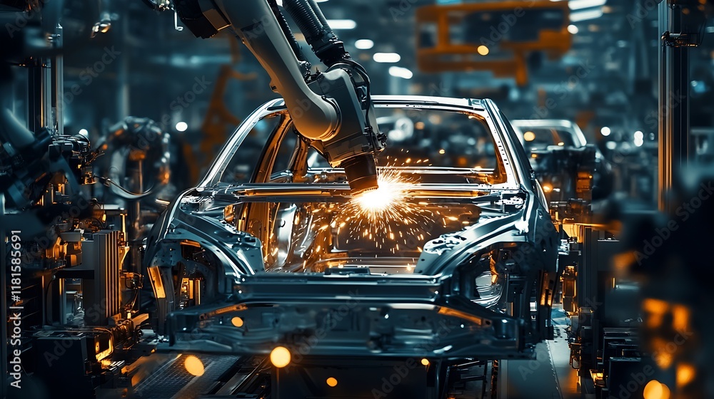 State-of-the-Art Factory with Robotic Arm Welding Car Chassis for Mass Production : Generative AI State-of-the-Art Factory with Robotic Arm Welding Car Chassis for Mass Production : Generative AI