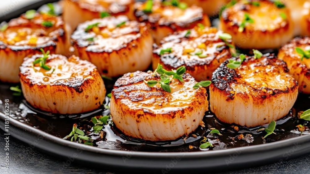 Grilled scallops garnished with herbs, showcasing a delicious seafood dish on a dark plate, perfect for culinary presentations. Grilled scallops garnished with herbs, showcasing a delicious seafood dish on a dark plate, perfect for culinary presentations.