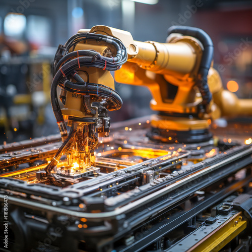 Automatisierter Arm eines Industrieroboters arbeitet in einer Fabrik, Generative AI photo