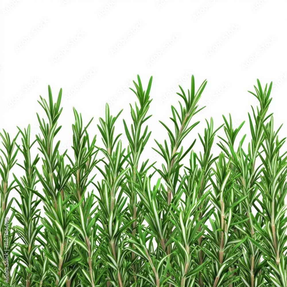 Obraz premium Fresh Green Rosemary Herb Plants Growing in Garden Bed, Ideal for Culinary and Aromatic Uses