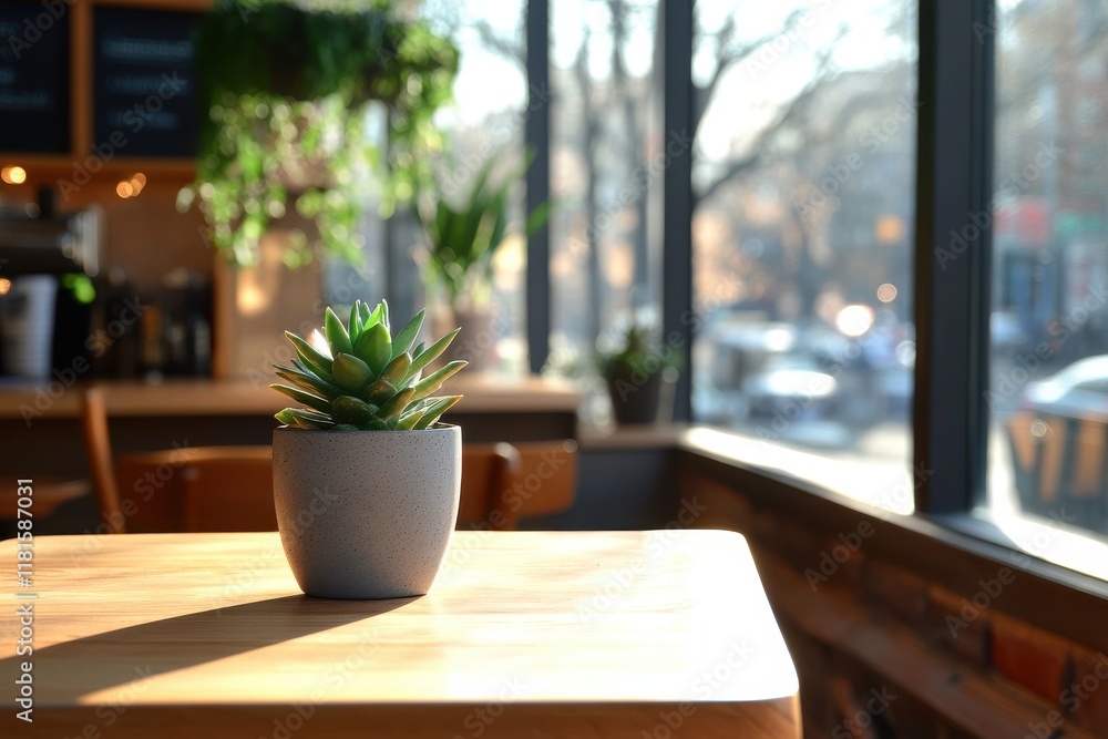 Cozy coffee shop corner with wooden table and floor-to-ceiling windows Cozy coffee shop corner with wooden table and floor-to-ceiling windows