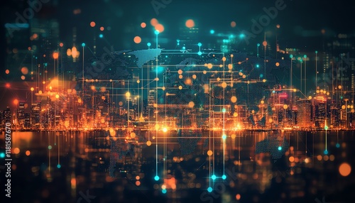 Wallpaper Mural Cargo ship sailing through a digital global network, with interconnected nodes and data streams, symbolizing international trade and shipping logistics Torontodigital.ca