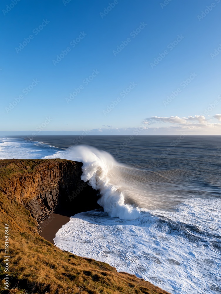 Dynamic ocean waves crashing on rocky cliff. Dynamic ocean waves crashing on rocky cliff.