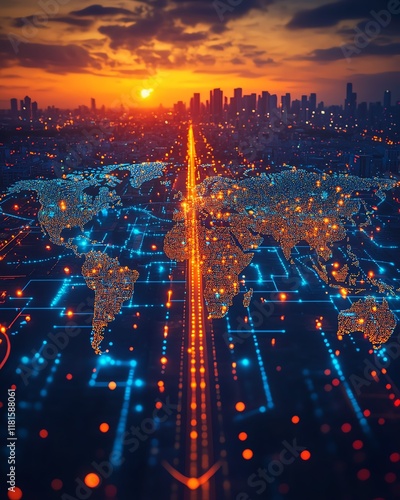 Digital world map backdrop with shipping containers in a global logistics network, illuminated by the warm glow of a sunset, showcasing international trade routes photo