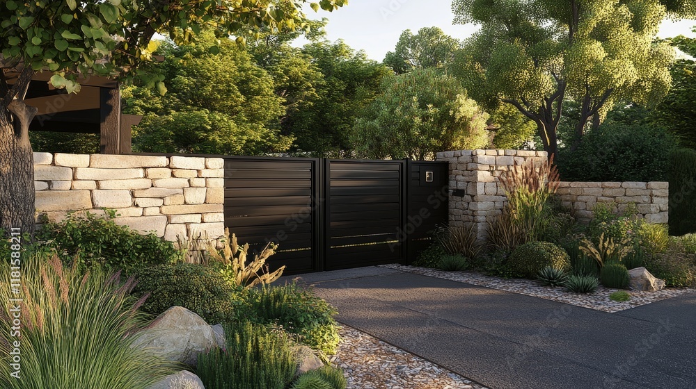 custom made wallpaper toronto digitalModern Landscape Design Stone Wall, Black Gate, 3D Render, Garden Entrance, landscaping, driveway landscaping design, 3d rendering