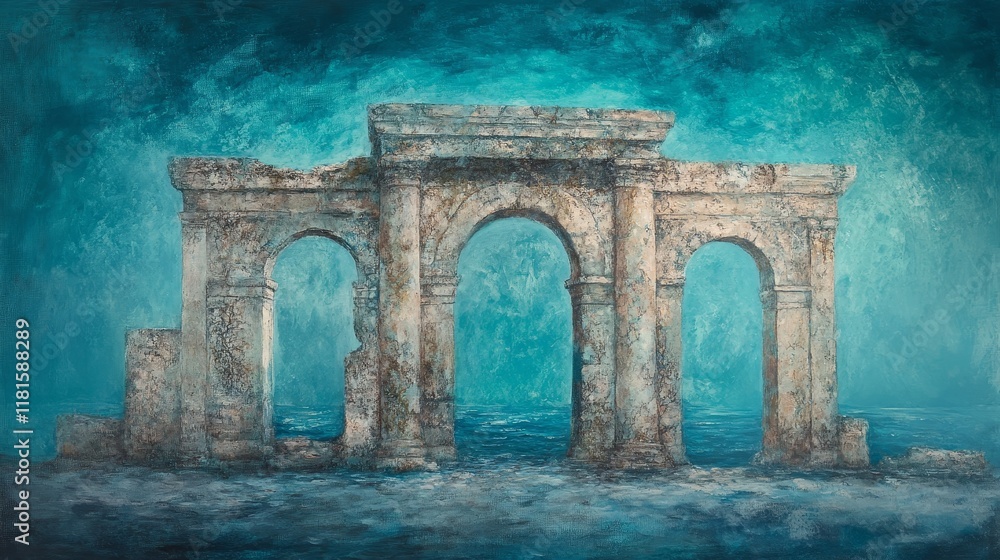 Fototapeta premium Oil Painting Ruined Archway by the Sea, Teal Abstract, Coastal Ruins, Architecture, Landscape Keywords Seascape, Impressionism