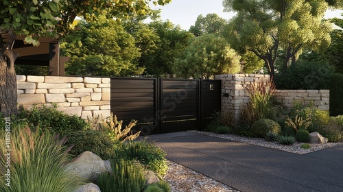 Wallpaper Mural Modern Landscape Design Stone Wall, Black Gate, 3D Render, Garden Entrance, landscaping, driveway landscaping design, 3d rendering Torontodigital.ca