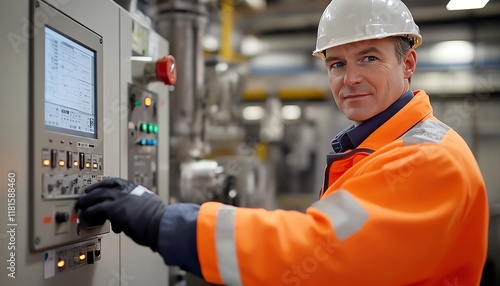 Engineer in a modern factory, wearing safety gear and a highvisibility jacket, operating a control panel to monitor and manage industrial machinery and production photo