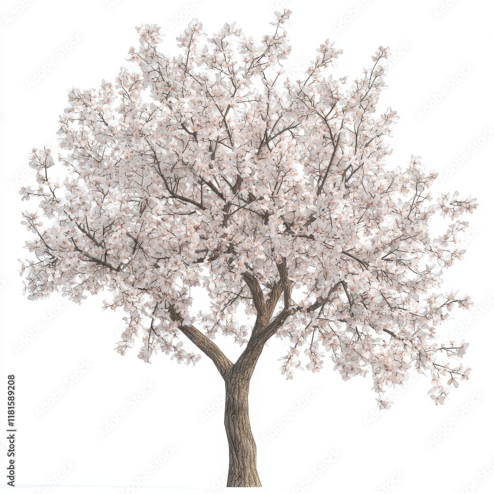 Delicate Blossom Tree in Full Bloom with Soft Pink Flowers Against a White Background Delicate Blossom Tree in Full Bloom with Soft Pink Flowers Against a White Background