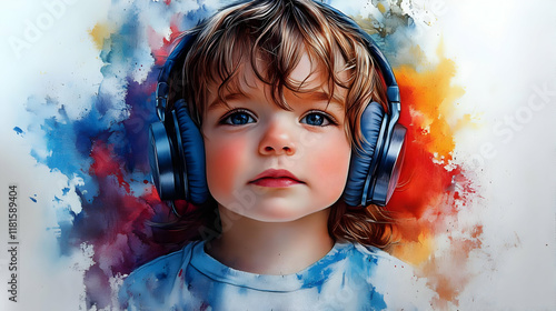 Child Listens to Music with...
