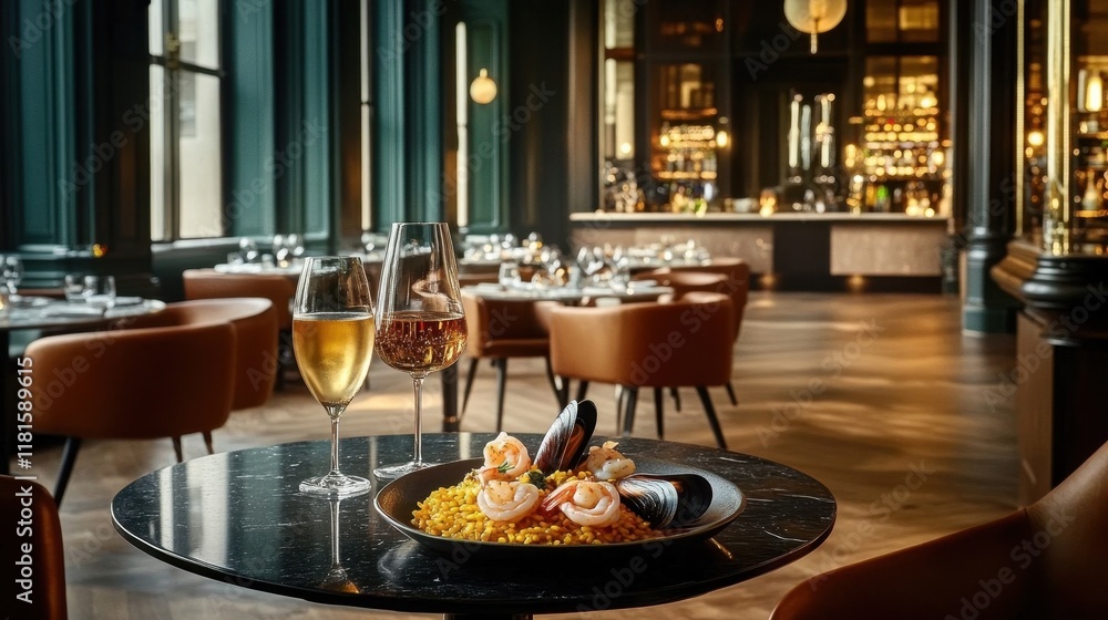 Elegant dining scene featuring a gourmet dish and drinks, illuminated by warm lighting in a stylish restaurant. Elegant dining scene featuring a gourmet dish and drinks, illuminated by warm lighting in a stylish restaurant.