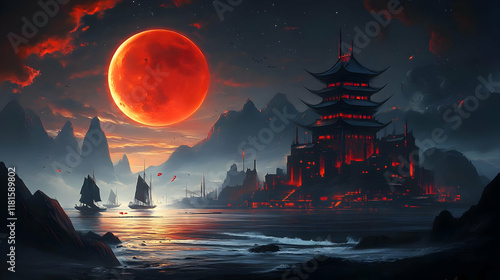 Red Moon Rises Over Coastal...