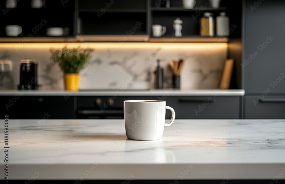 Selective focus on a marble table top with a blurred white kitchen in the background. Selective focus on a marble table top with a blurred white kitchen in the background.