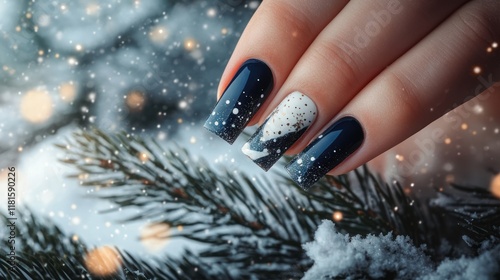 Winter Nail Art: Elegant Blue and White Festive Manicure Design photo