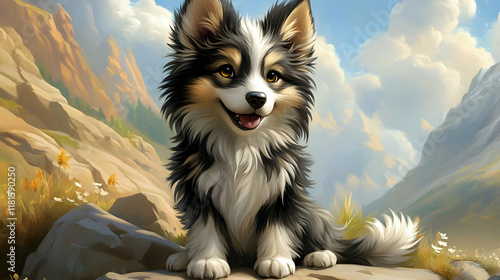 Fluffy Puppy Sits on Rock i...