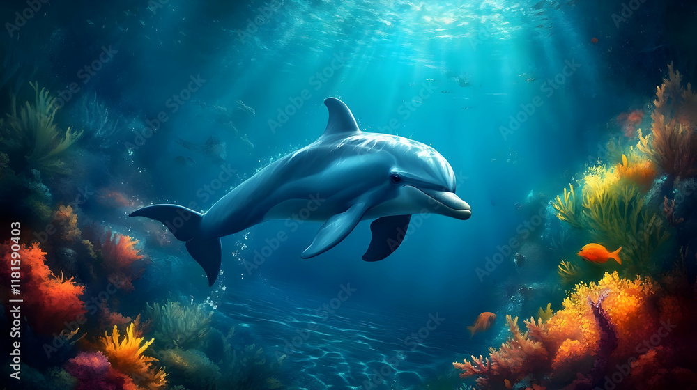 Obraz premium Dolphin Swims Through Colorful Coral Reef in the Ocean Depths