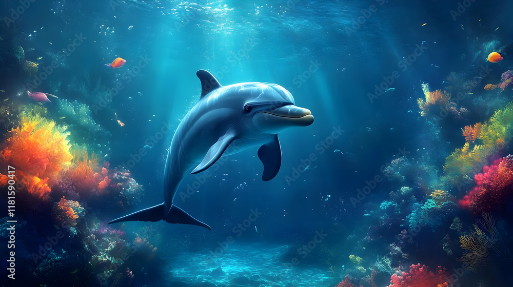Obraz premium Dolphin Swims Through Vibrant Coral Reef Gracefully and Peacefully in Ocean