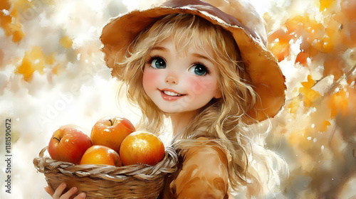 Girl Holds Basket of Apples...