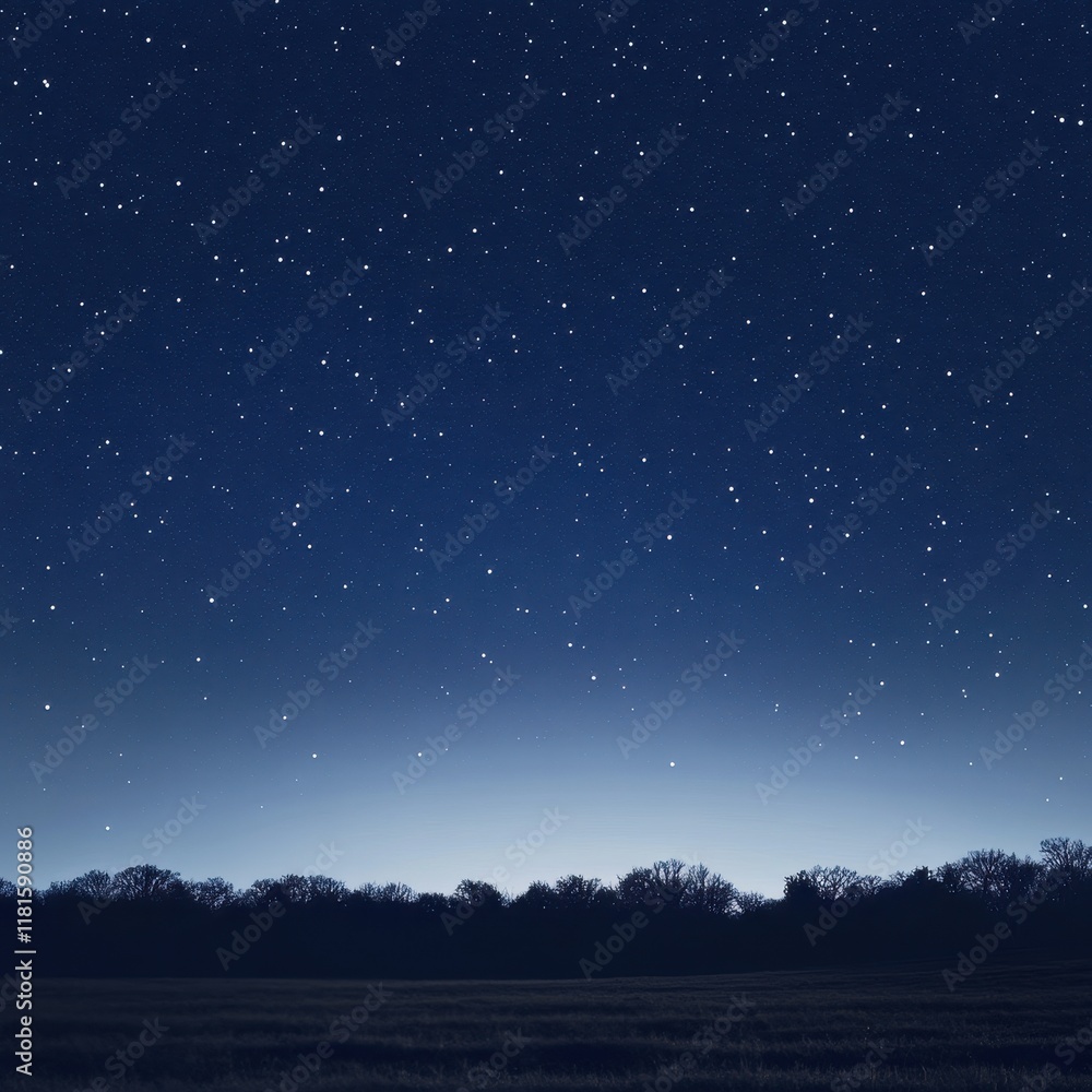 Naklejka premium Serene Night Sky with Stars Above Dark Forest and Field