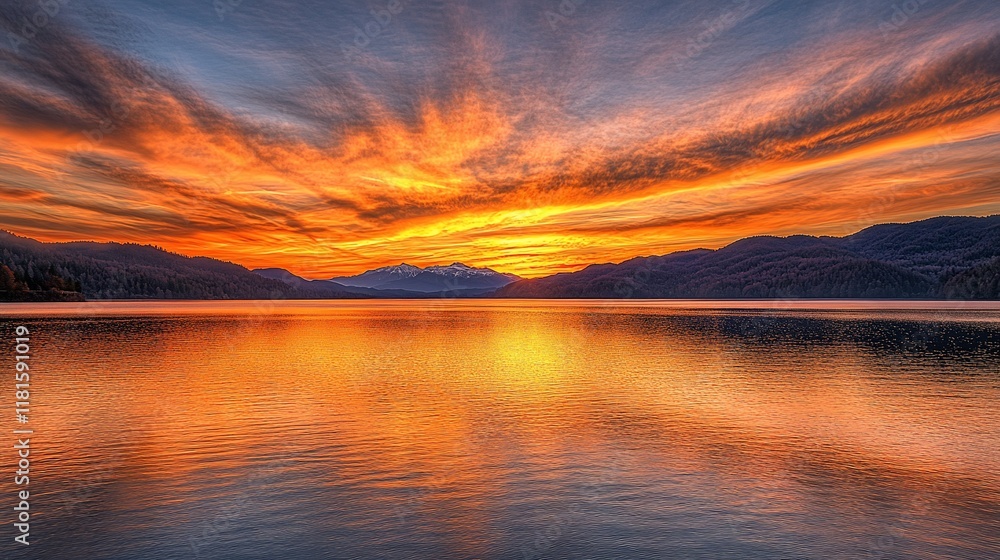 Vibrant sunrise over calm lake with mountain silhouette and fiery clouds reflected in water. Vibrant sunrise over calm lake with mountain silhouette and fiery clouds reflected in water.