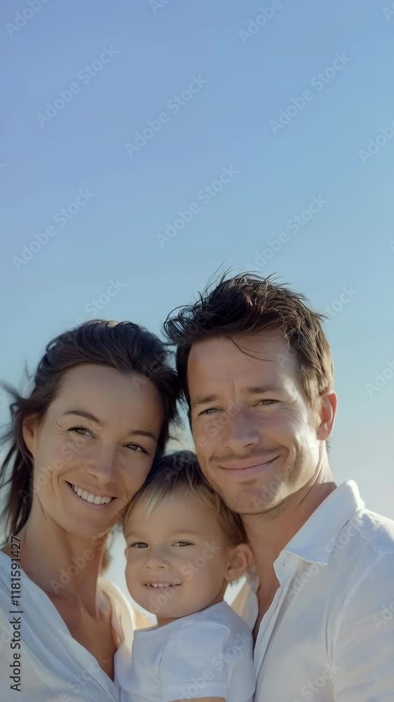 Portrait of Caucasian family with couple holding toddler posing by the beach Portrait of Caucasian family with couple holding toddler posing by the beach