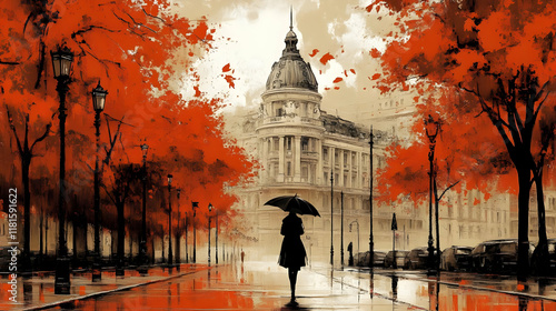 Autumn City Walk: Woman wit...