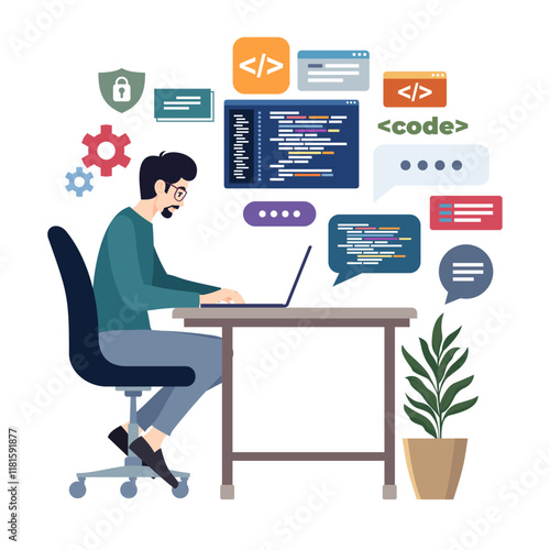 Flat Vector Design Illustration Image of a Male Programmer sitting facing a laptop doing coding, Isolated white background