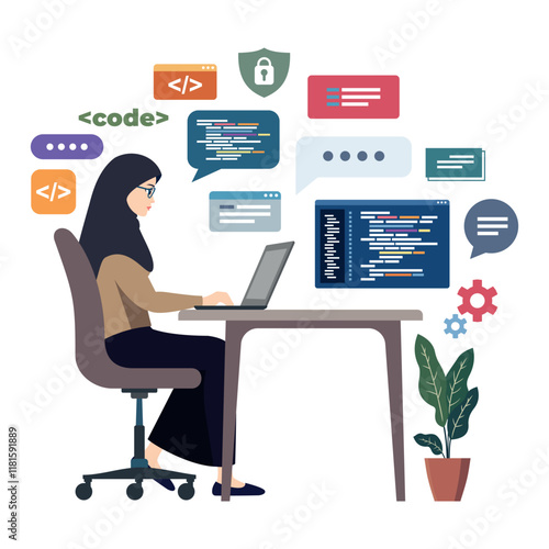 Flat Vector Design Illustration Image of a Muslim Female Programmer wearing Hijab sitting facing a laptop doing coding, Isolated white background
