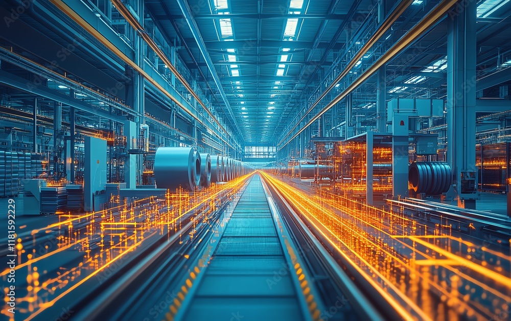 Fototapeta premium Industrial warehouse in a modern manufacturing facility, with large rolls of steel stacked neatly, surrounded by cuttingedge technology and bright, ambient lighting