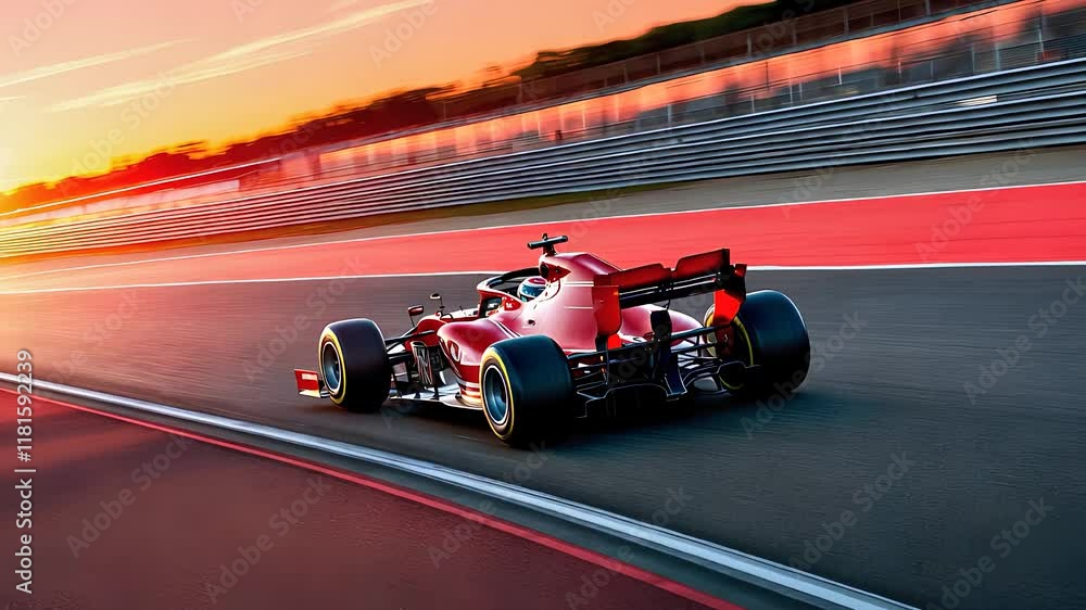 Red Formula One Car Racing on Track at High Speed During Sunset with Vibrant Motion Blur
Red Formula One Car Racing on Track at High Speed During Sunset with Vibrant Motion Blur