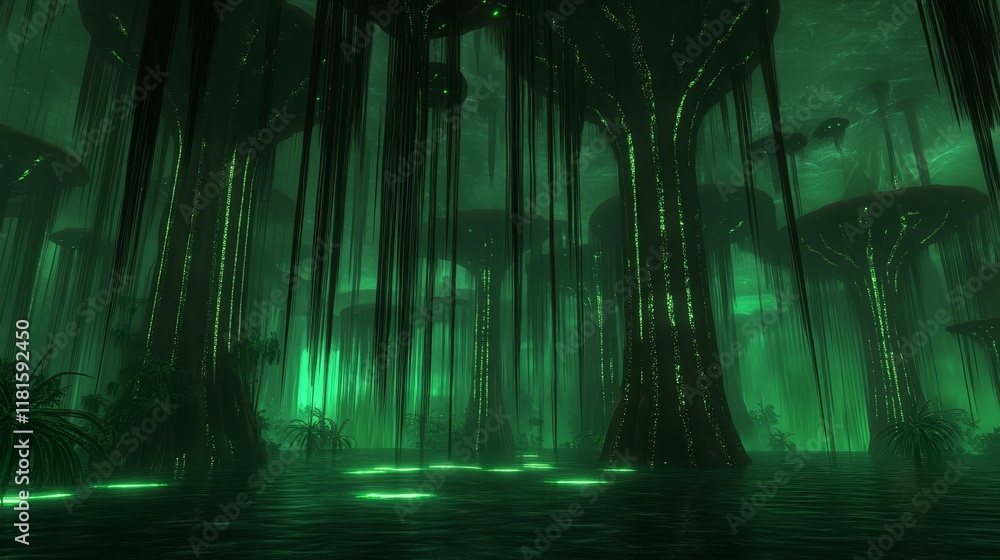 Fototapeta premium Alien Swamp Forest with Glowing Fungi and Water