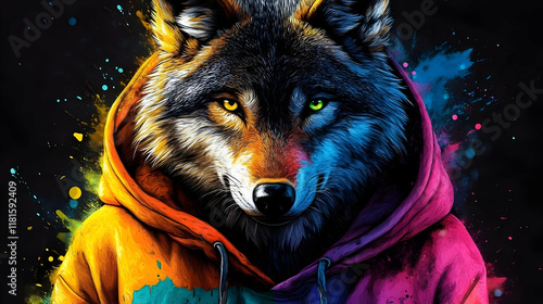 Wolf Wears Colorful Hoodie:...