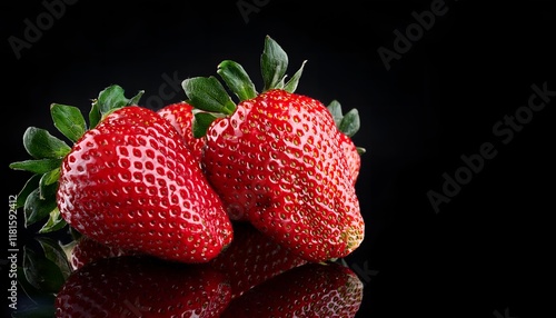 Wallpaper Mural Vibrant red strawberries with green leaves reflected against a black background, showcasing their fresh and natural look, ideal for food, nutrition, and healthy lifestyle concepts. Torontodigital.ca