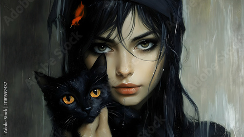 Girl Holds Black Cat with O...