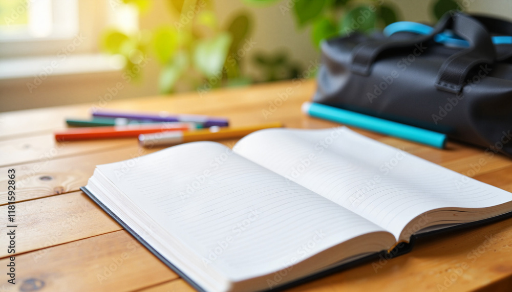 Open notebook with scattered stationery on study table, homework vibes Open notebook with scattered stationery on study table, homework vibes