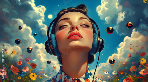 Woman Listens to Music with...