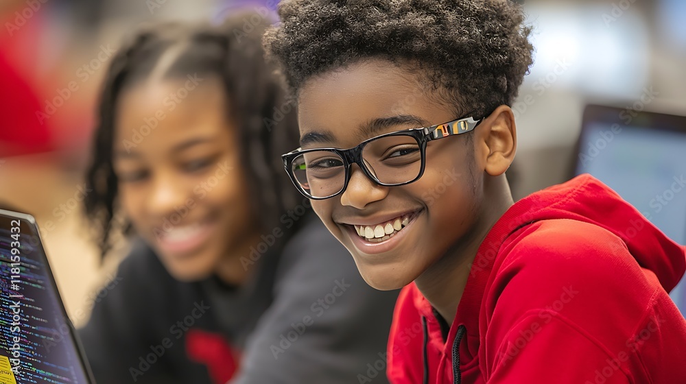 Obraz premium Boy smiling, coding class, computer lab, girl background, education