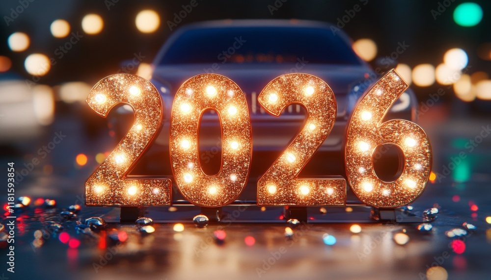 Obraz premium New Year s Eve 2026 Celebration Festive Illuminated Numbers Against Blurry City Lights Background