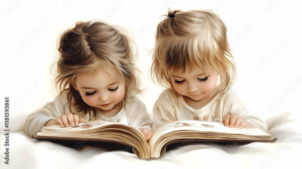 Two Children Read a Book Together Joyfully and Learn Two Children Read a Book Together Joyfully and Learn