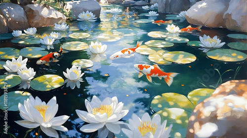 Koi Fish Swim Gracefully Am...