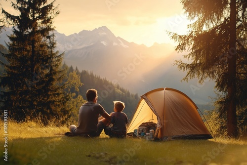 Father enjoys quality time with his little son in a tent during a sunrise camping trip surrounded by mountains and trees photo