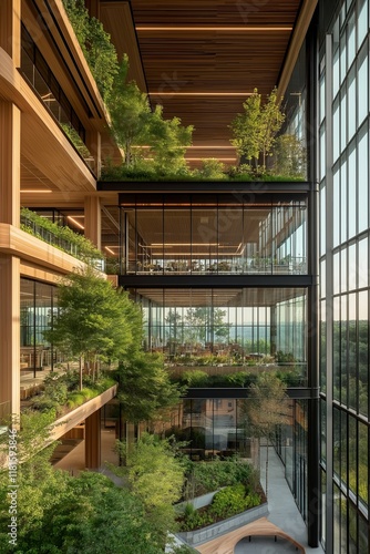 Sustainable office building integrates green roof and solar panels for eco-friendly design