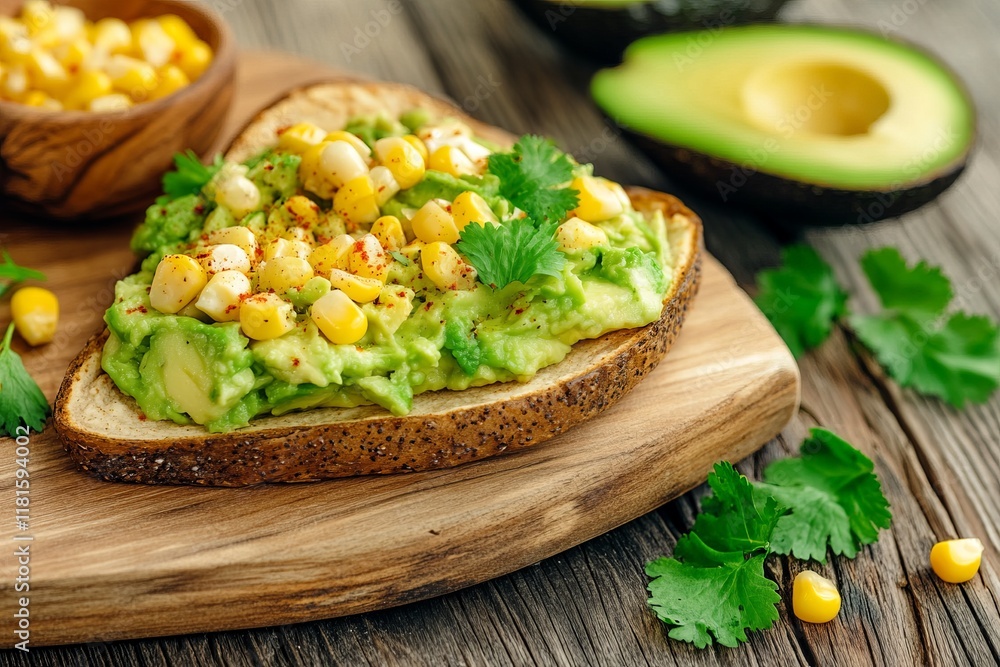 Open-faced avocado taco topped with roasted corn and chili flakes on rustic wooden board in warm natural lighting Open-faced avocado taco topped with roasted corn and chili flakes on rustic wooden board in warm natural lighting